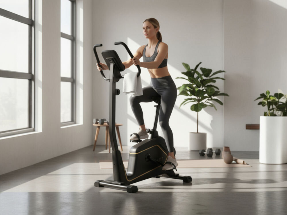 Rower magnetyczny S_LINE Impuls Kobieta ćwiczy na rowerze stacjonarnym s.line Impuls w jasnym, minimalistycznym pomieszczeniu. Ręcznik jest przewieszony przez kierownicę. W tle widać hantle i matę do ćwiczeń.