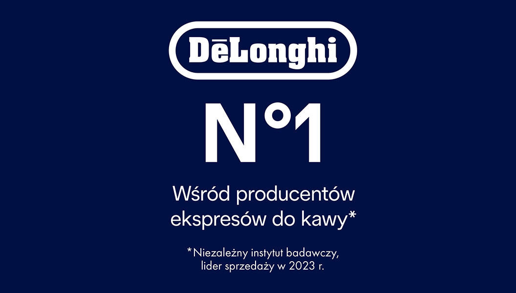 Na ciemnym tle znajduje się logo \'DeLonghi\' oraz napis \'N°1 Wśród producentów ekspresów do kawy*\'. Pod spodem mniejszym tekstem: \'*Niezależny instytut badawczy, lider sprzedaży w 2023 r.\'.