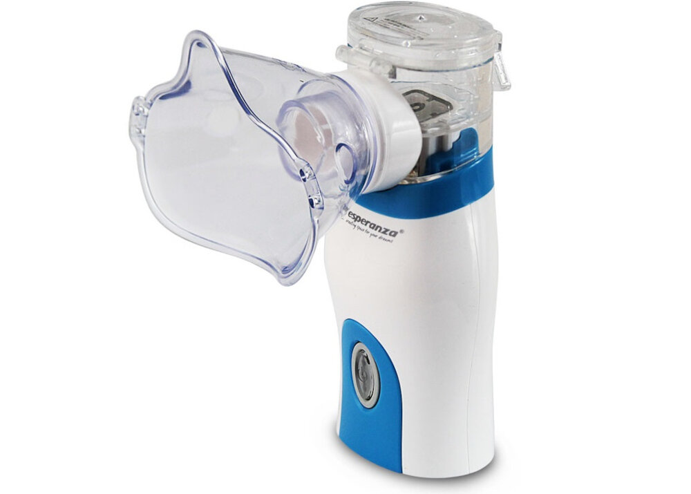Na zdjęciu widoczny jest biało-niebieski inhalator nebulizator z przezroczystą maską. Na urządzeniu znajduje się logo \'Esperanza\'.