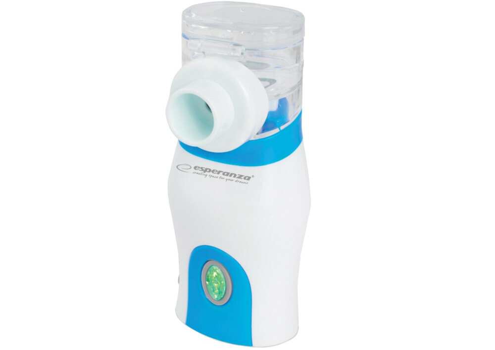 Biało-niebieski inhalator nebulizator z przezroczystym zbiornikiem na górze i zielonym przyciskiem na przedniej części. Widoczne logo \'esperanza\' oraz napis \'making you feel better\'.