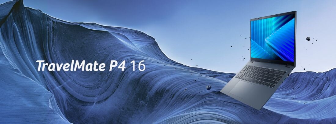 Obraz przedstawia laptop na tle niebieskiego, falistego krajobrazu. Widoczny jest tekst: \'TravelMate P4 16\'.