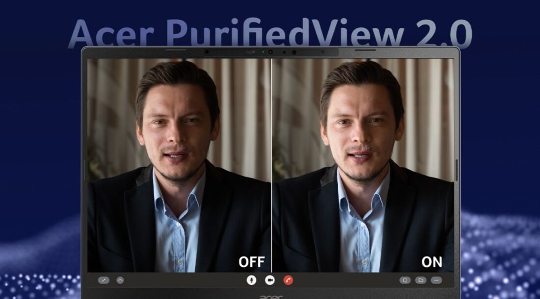 Obraz przedstawia ekran laptopa z dwoma zdjęciami tej samej osoby, z podpisami \'OFF\' i \'ON\'. W tle widoczny jest napis \'Acer PurifiedView 2.0\'.