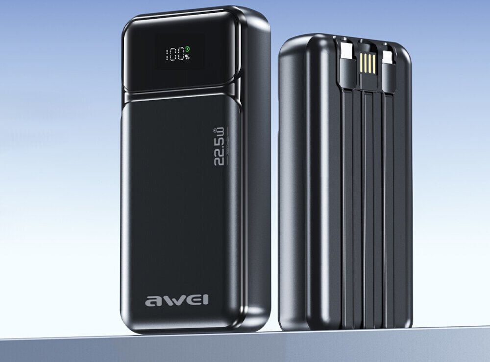 Na obrazie widoczny jest czarny powerbank z wyświetlaczem pokazującym \'100%\'. Na obudowie znajduje się napis \'awei\' oraz \'22.5W\'.