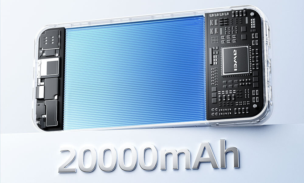 Obraz przedstawia wnętrze powerbanku z widocznymi elementami elektronicznymi i niebieską powierzchnią. Na dole widoczny jest napis \'20000mAh\'.