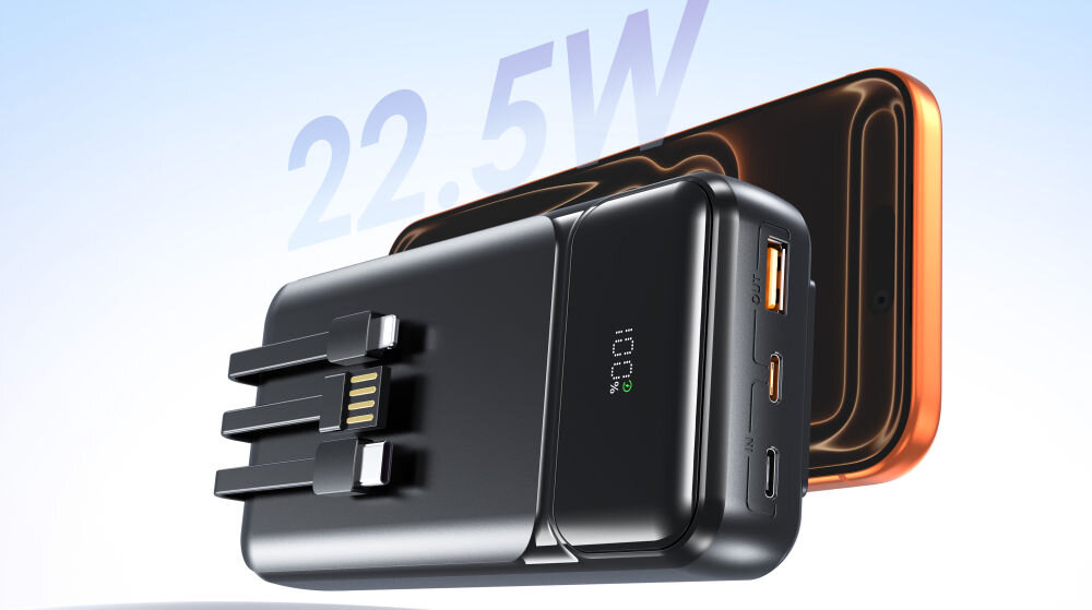 Na obrazie widoczny jest czarny powerbank z wyświetlaczem LED pokazującym poziom naładowania oraz kilka portów USB. W tle znajduje się telefon, a na obrazie widoczny jest napis \'22.5W\'.