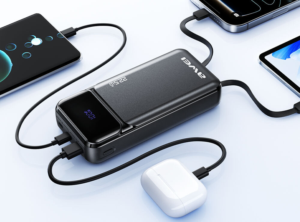 Na obrazie widoczny jest czarny powerbank z logo \'AWEI\' i oznaczeniem \'22.5W\', podłączony do kilku urządzeń elektronicznych. Na wyświetlaczu powerbanka widoczny jest napis \'20.0\'.