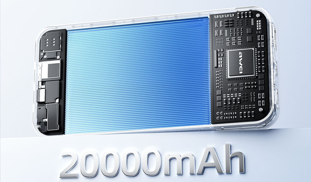 Obraz przedstawia wnętrze powerbanku z widocznymi elementami elektronicznymi i niebieską powierzchnią. Na dole widoczny jest napis \'20000mAh\'.