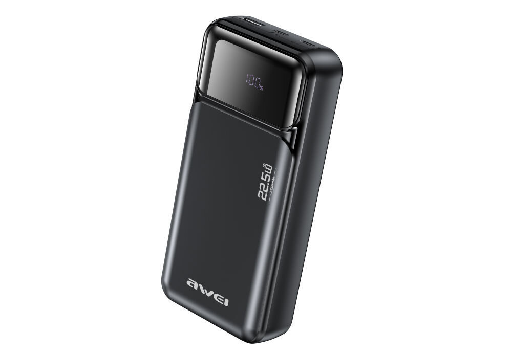 Czarny powerbank z wyświetlaczem pokazującym \'100%\'. Na obudowie widoczne są napisy \'22.5W\' oraz \'awei\'.