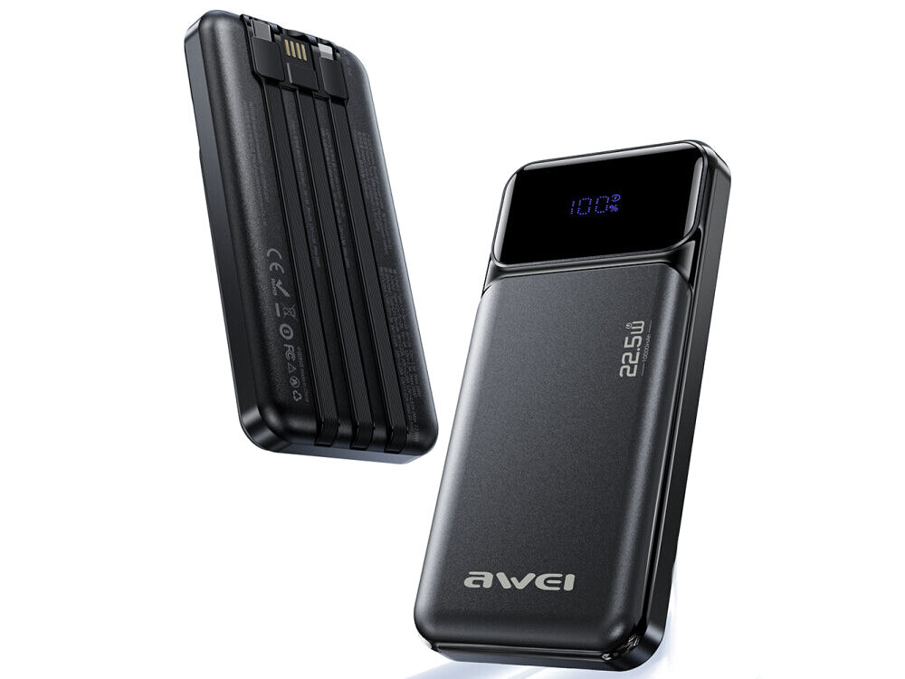 Na obrazie widoczny jest czarny powerbank z wyświetlaczem pokazującym \'100%\'. Na obudowie znajduje się napis \'awei\' oraz oznaczenie \'22.5W\'.