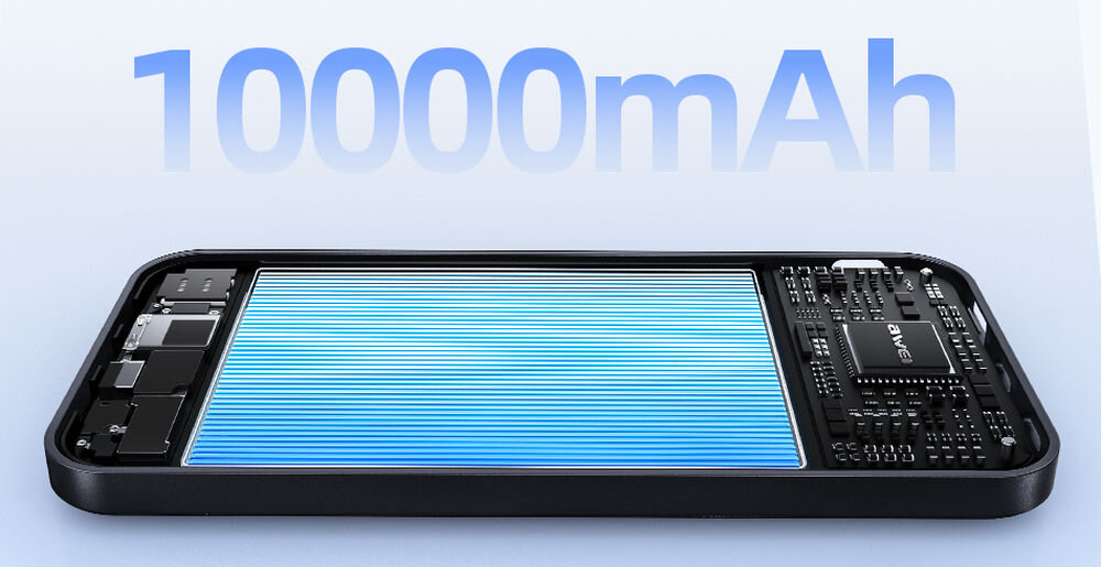 Obraz przedstawia wnętrze powerbanku z widocznymi elementami elektronicznymi i niebieską powierzchnią. Na górze widoczny jest napis \'10000mAh\'.
