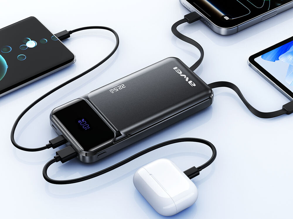 Czarny powerbank z logo \'AWEI\' i oznaczeniem \'22.5W\' ładuje kilka urządzeń jednocześnie. Na wyświetlaczu widoczny jest poziom naładowania baterii.