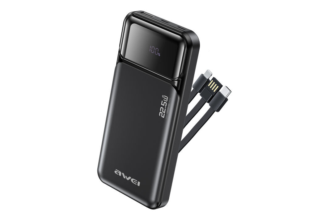 Czarny powerbank z wyświetlaczem pokazującym \'100%\' oraz dwoma wbudowanymi kablami. Na obudowie widoczne są napisy \'22.5W\' i \'awei\'.