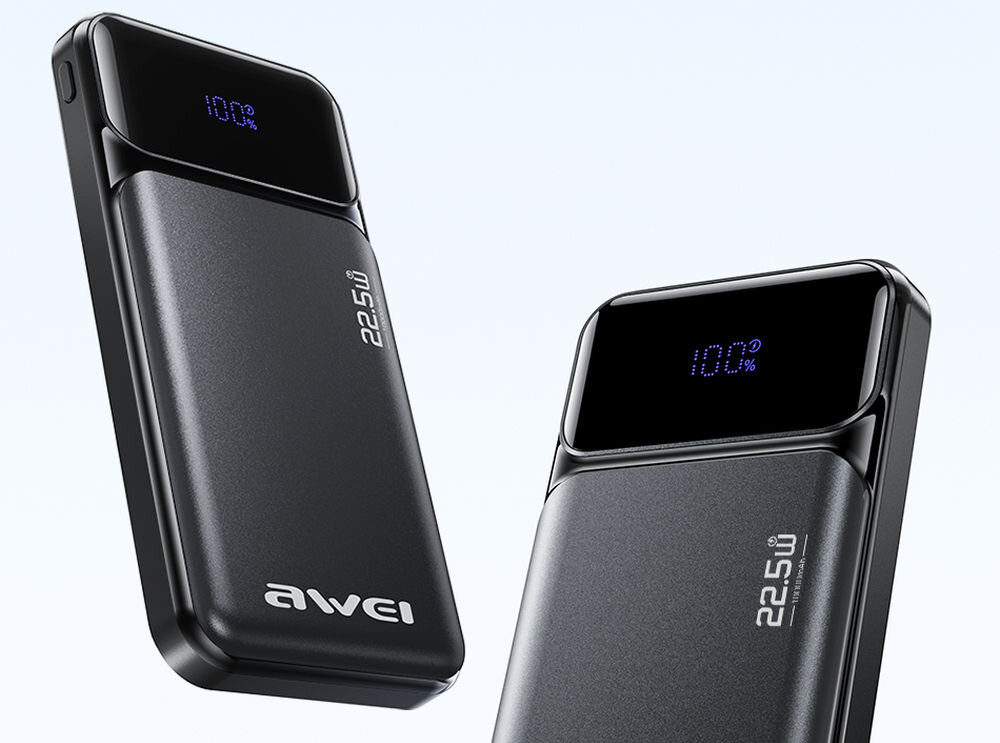 Na obrazie widoczne są dwa czarne powerbanki z wyświetlaczem pokazującym \'100%\'. Na obudowie znajduje się napis \'awei\' oraz oznaczenie \'22.5W\'.