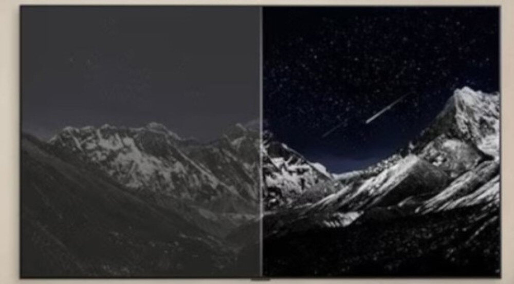 Telewizor LG 77G54LW - Prawdziwa czerń, obraz podzielony na jasny i ciemniejszy obraz