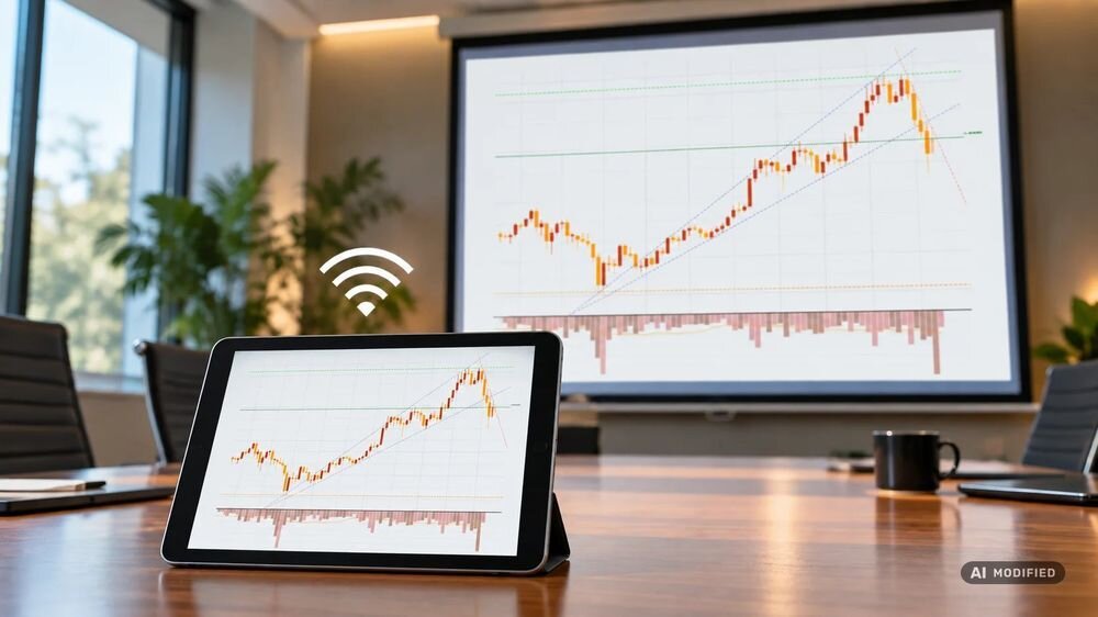 Projektor ACER Vero XL3515i Wi-Fi Miracast Google Mirror EZCast bezprzewodowa projekcja, Wykres z tabletu wyświetlany bezprzewodowo na ekranie w sali spotkań