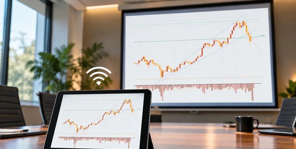 Projektor ACER Vero PL2530i adapter Wi-Fi Miracast EZCast bezprzewodowa transmisja obrazu, Wykres z tabletu wyświetlany bezprzewodowo na ekranie w sali spotkań