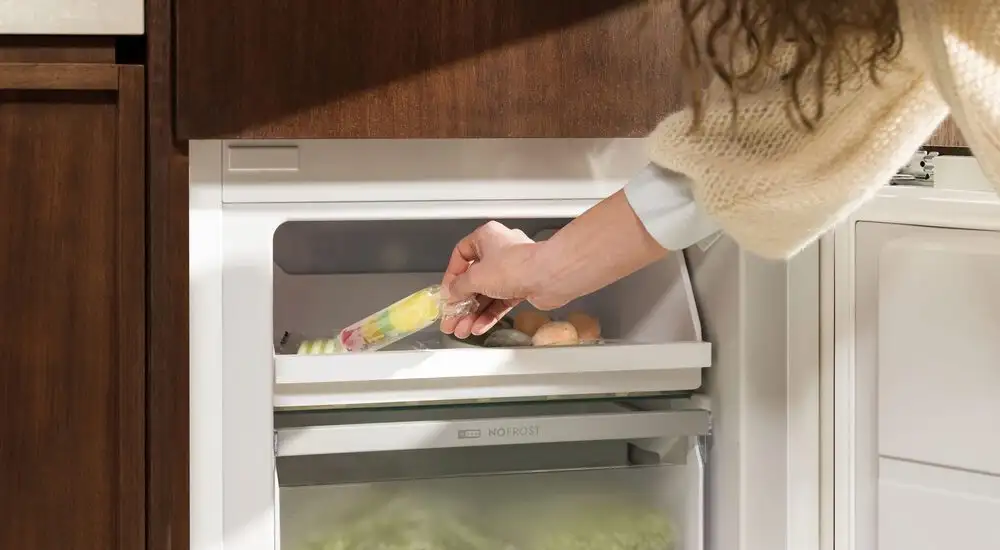Osoba wkłada kolorowy lód na patyku do zamrażarki lodówki. Na szufladzie widoczny jest napis \'NO FROST\'.