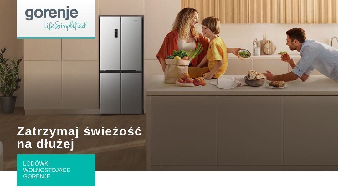 Na obrazie widoczna jest szara lodówka marki Gorenje w nowoczesnej kuchni. Tekst na obrazie: \'gorenje Life Simplified\', \'Zatrzymaj świeżość na dłużej\', \'LODÓWKI WOLNOSTOJĄCE GORENJE\'.