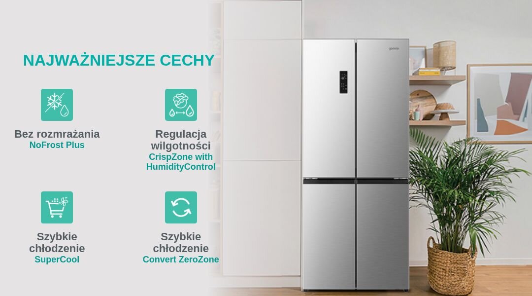 Obraz przedstawia szarą lodówkę z logo \'gorenje\' w nowoczesnym wnętrzu. Po lewej stronie widnieją napisy: \'NAJWAŻNIEJSZE CECHY\', \'Bez rozmrażania NoFrost Plus\', \'Regulacja wilgotności CrispZone with HumidityControl\', \'Szybkie chłodzenie SuperCool\', \'Szybkie chłodzenie Convert ZeroZone\'.
