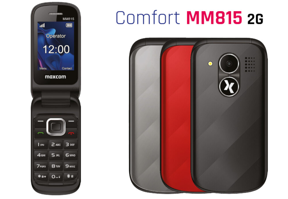 Na obrazie widoczny jest telefon z klapką marki maxcom, model MM815, z wyświetlaczem pokazującym godzinę 12:00 i napisem \'Operator\'. Obok telefonu znajduje się napis \'Comfort MM815 2G\' oraz trzy wersje kolorystyczne tylnej obudowy: czarna, czerwona i szara.