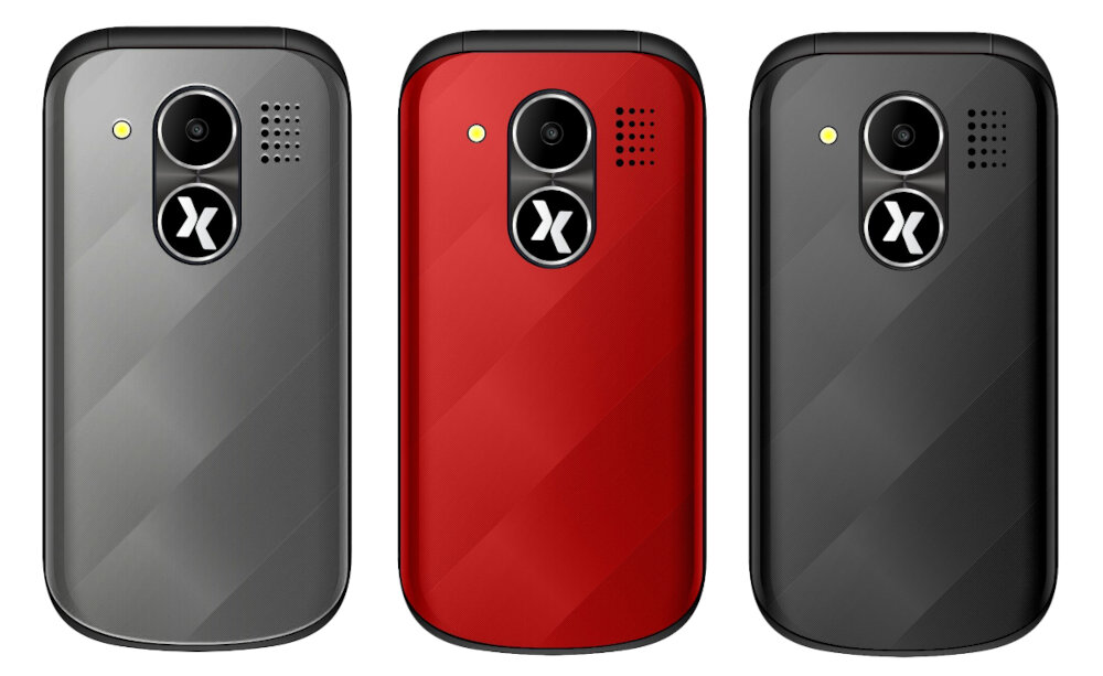 Obraz przedstawia trzy telefony komórkowe z widocznymi tylnymi obudowami w kolorach szarym, czerwonym i czarnym. Każdy telefon ma okrągły aparat fotograficzny, logo w kształcie litery \'X\' oraz mały otwór na lampę błyskową.