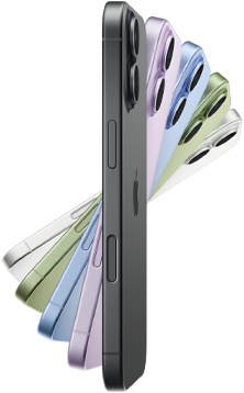 Smartfon z widocznymi przyciskami bocznymi i logo w kształcie jabłka. Urządzenie jest dostępne w kilku kolorach obudowy.