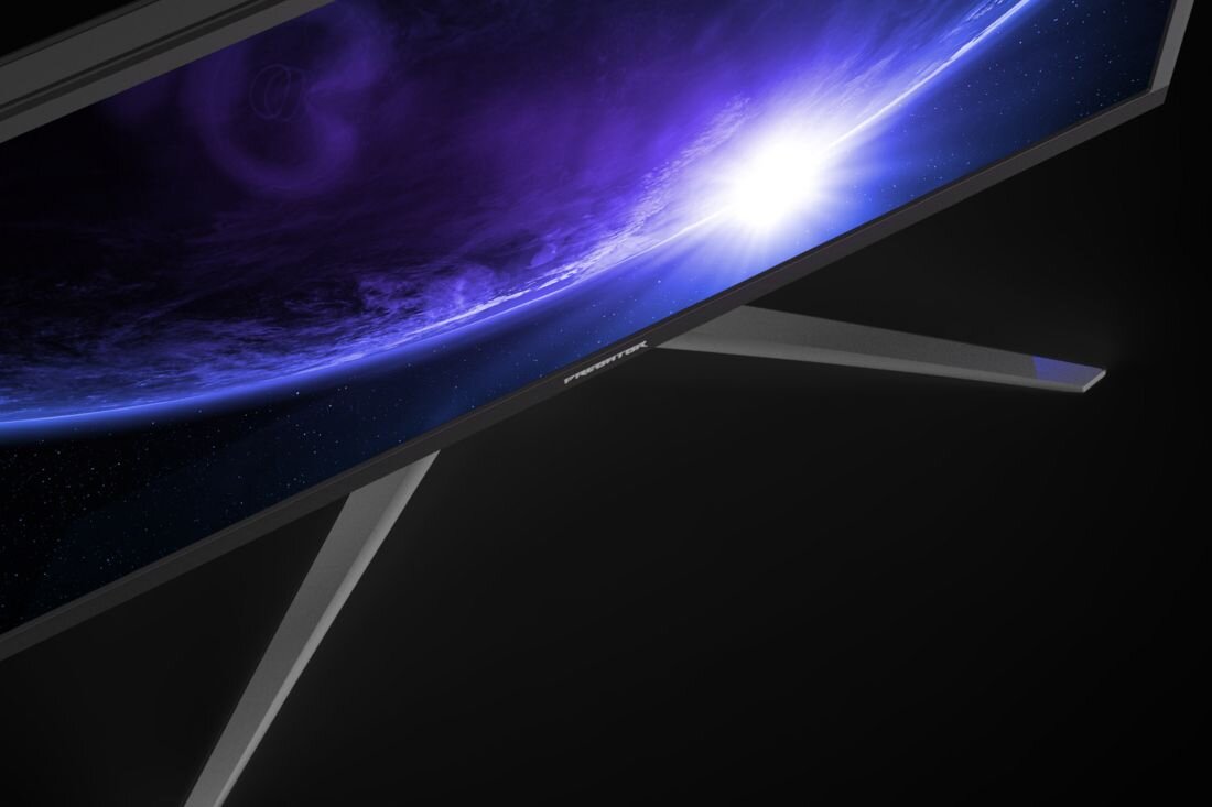 Monitor z cienkimi ramkami wyświetla obraz kosmosu z jasnym światłem na fioletowym tle. Na dolnej ramce widoczne jest logo \'PREDATOR\'.