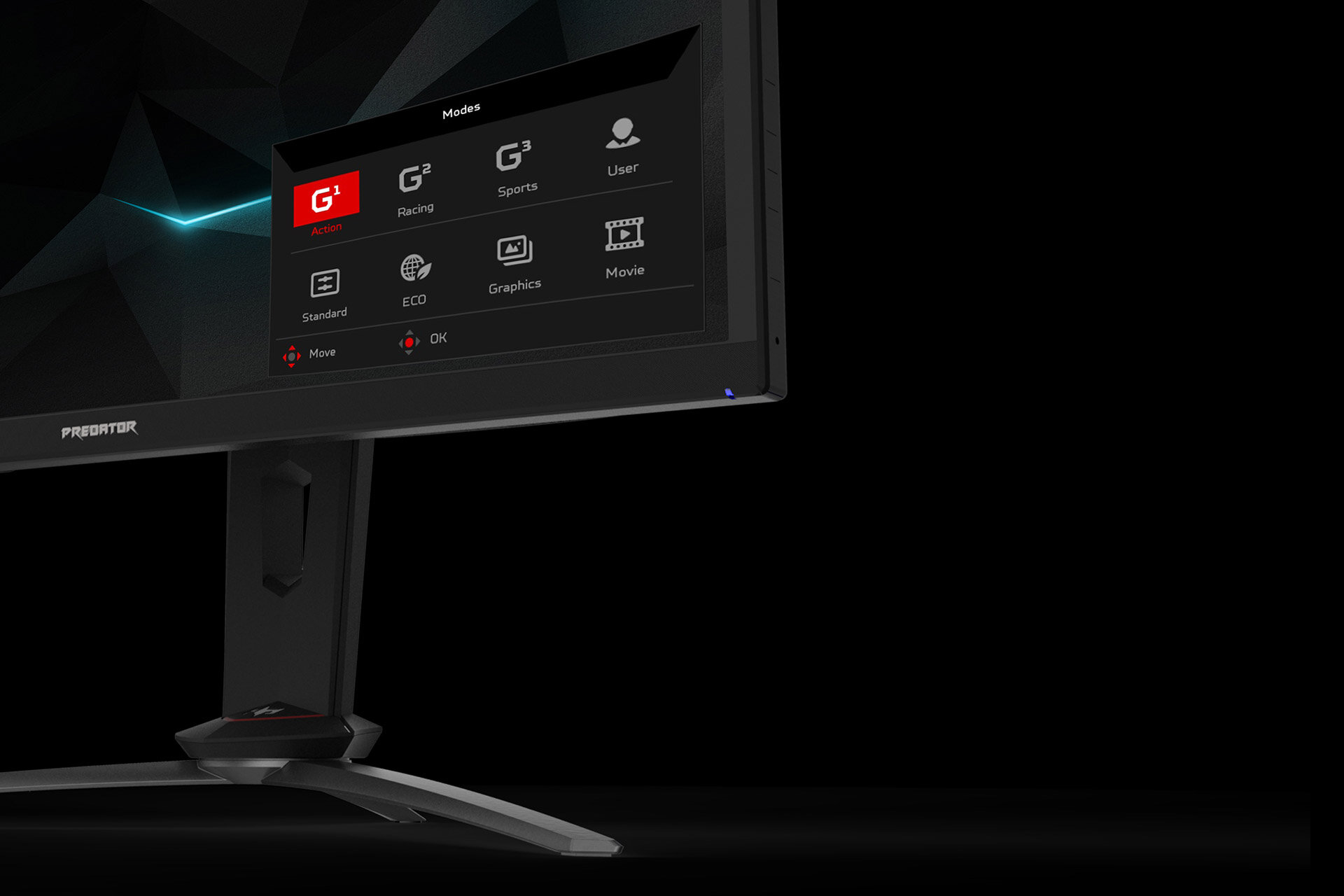 Monitor z widocznym menu ekranowym, na którym znajdują się opcje: Modes, G1 Game, G2 Racing, G3 Sports, User, Standard, ECO, Graphics, Movie. Na obudowie widoczne jest logo PREDATOR.