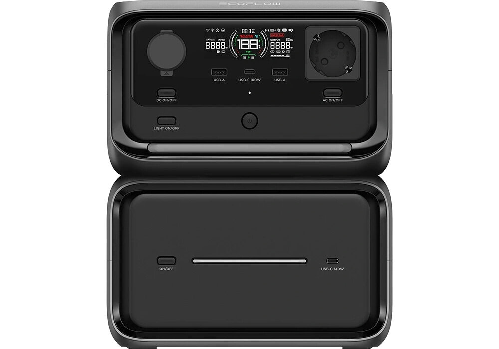 Stacja zasilania ECOFLOW River 3 Max Plus 858Wh Wireless stacja na białym tle widoczna od przodu stacja zasilania o pojemności 858 Wh do ładowania elektroniki i zasilania urządzeń moc znamionowa 600 W tryb X-Boost umożliwia obsługę wybranych urządzeń o mocy znamionowej do 1200 W bez zadziałania zabezpieczenia przeciążeniowego