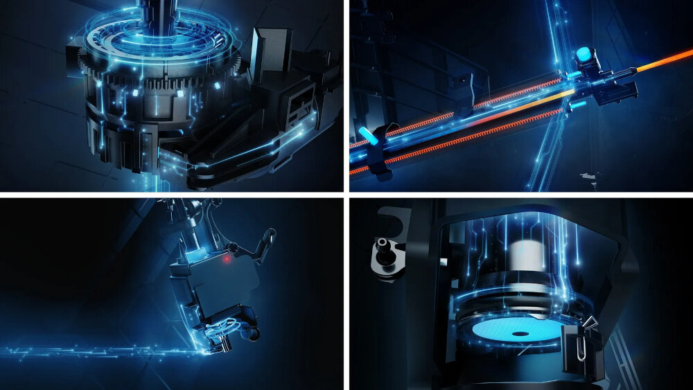 Obraz przedstawia cztery techniczne ilustracje z elementami ekspresu do kawy, z niebieskimi i pomarańczowymi akcentami świetlnymi. Widoczne są detale mechaniczne i elektroniczne, sugerujące zaawansowaną technologię.