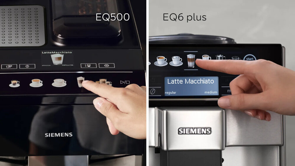 Dwa panele sterowania ekspresów do kawy z logo SIEMENS. Na ekranach widoczne są ikony różnych napojów kawowych oraz tekst \'Latte Macchiato\'.