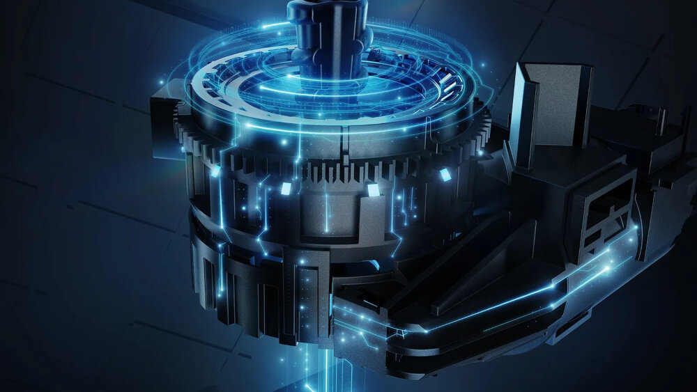 Obraz przedstawia futurystyczny, mechaniczny element z niebieskimi, świecącymi liniami i detalami, przypominający zaawansowaną technologię. Tło jest ciemne, co podkreśla jasność i szczegóły konstrukcji.