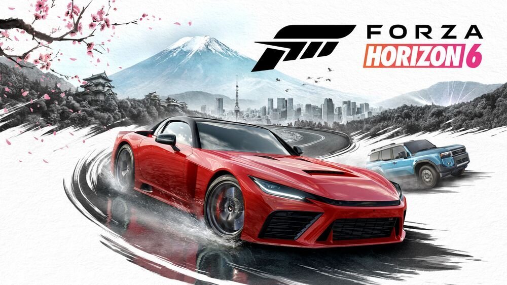 Kierownica MOZA Racing R3 RS053 (XBOX/PC) Na obrazie widoczny jest niebieski samochód sportowy zaparkowany na tle tradycyjnej japońskiej architektury i jesiennych drzew. W lewym górnym rogu znajduje się logo \'FORZA HORIZON 6\'