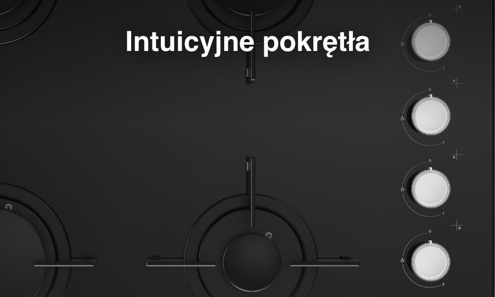 PŁYTA BEKO HILG64120S Na grafice pokazano fragment czarnej płyty gazowej z widocznymi palnikami oraz czterema jasnymi pokrętłami ułożonymi pionowo po prawej stronie. U góry umieszczono biały napis „Intuicyjne pokrętła”, który podkreśla prostą i czytelną obsługę sterowania mocą płomienia łatwa regulacja płomienia precyzyjna kontrola komfort gotowania