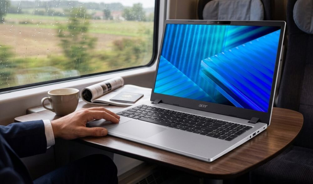 Osoba korzysta z laptopa Acer TravelMate przy stoliku w pociągu podczas mobilnej pracy służbowej w podróży.