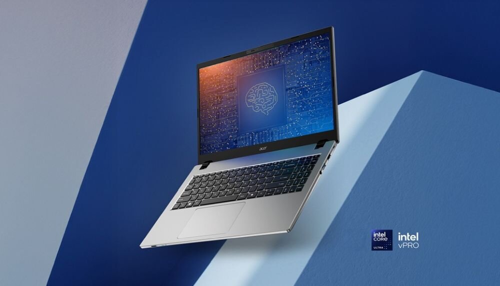 Laptop Acer TravelMate z procesorem Intel Core Ultra vPro prezentuje ekran z grafiką AI na niebieskim tle technologicznym.