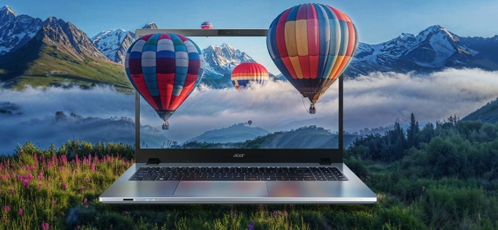Laptop Acer Aspire z ekranem Full HD wyświetla kolorowe balony nad górskim krajobrazem podczas oglądania multimediów i pracy kreatywnej.
