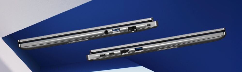 Laptop Acer TravelMate z portami USB-C, HDMI i RJ-45 prezentuje zestaw złączy na bocznych krawędziach obudowy podczas pracy biurowej.