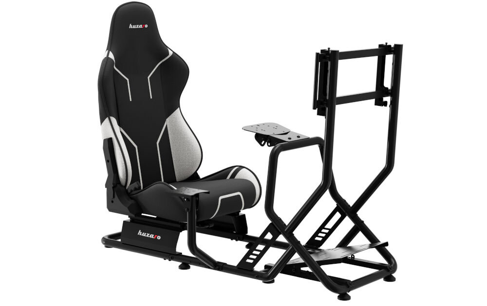 Kokpit HUZARO Speed 6.0 prezentacja kokpitu pod kątem na białym tle stanowisko do simracingu stabilna baza realna jazda