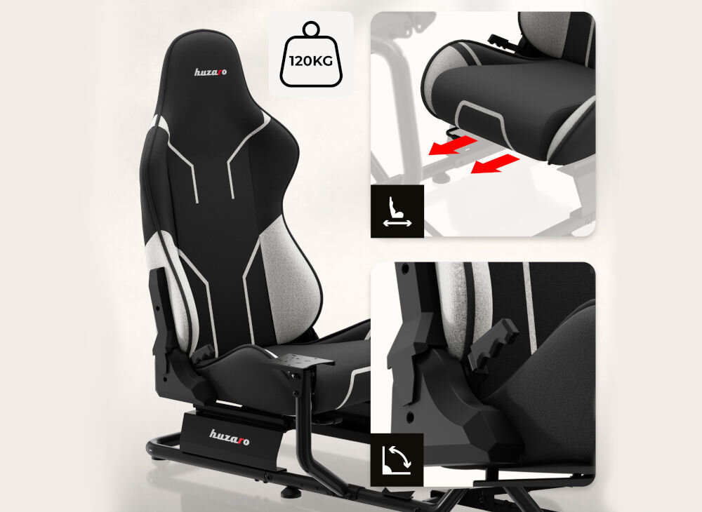 Kokpit HUZARO Speed 6.0 prezentacja fotela i jego możliwej regulacji dopasowanie do ciała przesuwanie do przodu i do tyłu regulacja pochylenia oparcia zakres podparcie kręgosłupa udźwig