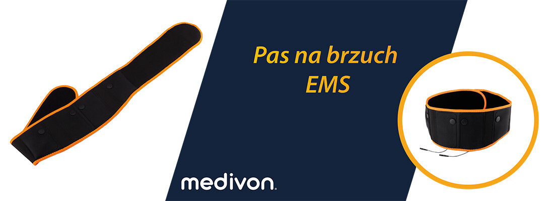 Obraz przedstawia czarny pas z pomarańczowymi krawędziami oraz napis \'Pas na brzuch EMS\'. W lewym dolnym rogu widoczne jest logo \'medivon\'.