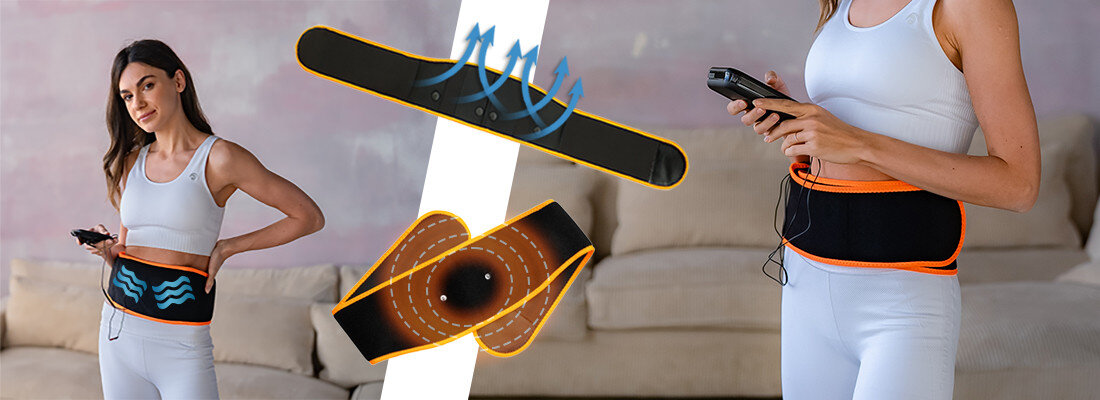 Osoba w białym stroju sportowym nosi czarny pas na brzuch z pomarańczowymi akcentami, trzymając w ręku urządzenie sterujące. Obok widoczne są zbliżenia pasa z niebieskimi i pomarańczowymi grafikami symbolizującymi działanie urządzenia.