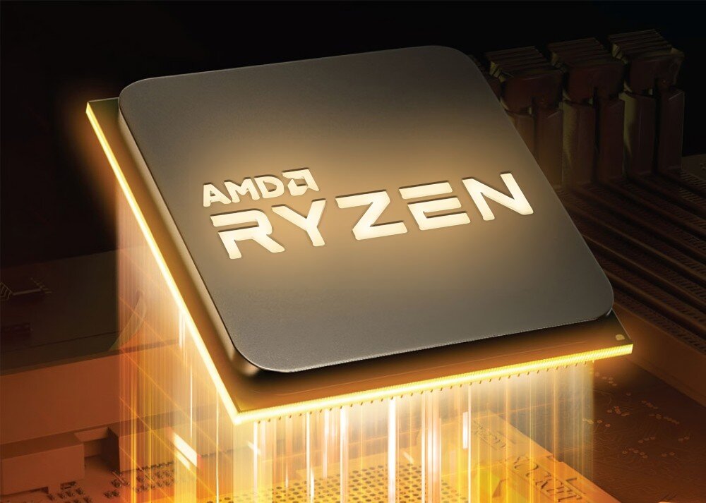 Obraz przedstawia procesor z widocznym napisem \'AMD RYZEN\', umieszczony na płycie głównej z efektami świetlnymi.