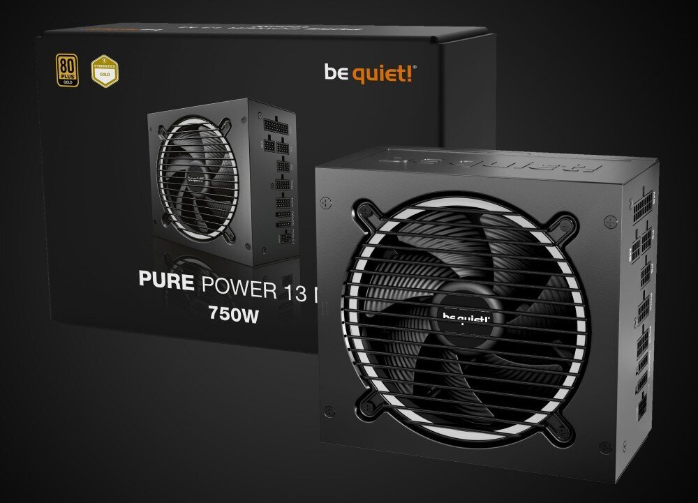 Na obrazie widoczny jest zasilacz komputerowy z dużym wentylatorem, obok którego znajduje się pudełko z napisem \'be quiet! PURE POWER 13 FM 750W\'.