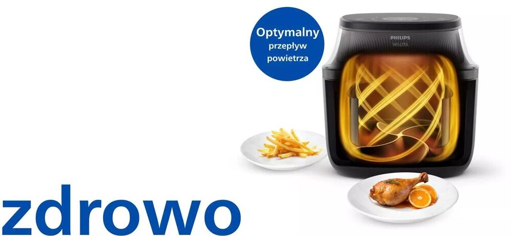 Air Fryer Frytkownica beztłuszczowa PHILIPS Ovi NA341-10 7.2l z okienkiem podglądu przekrój frytkownicy na białym tle, szybkie nagrzewanie, szybkie gotowanie