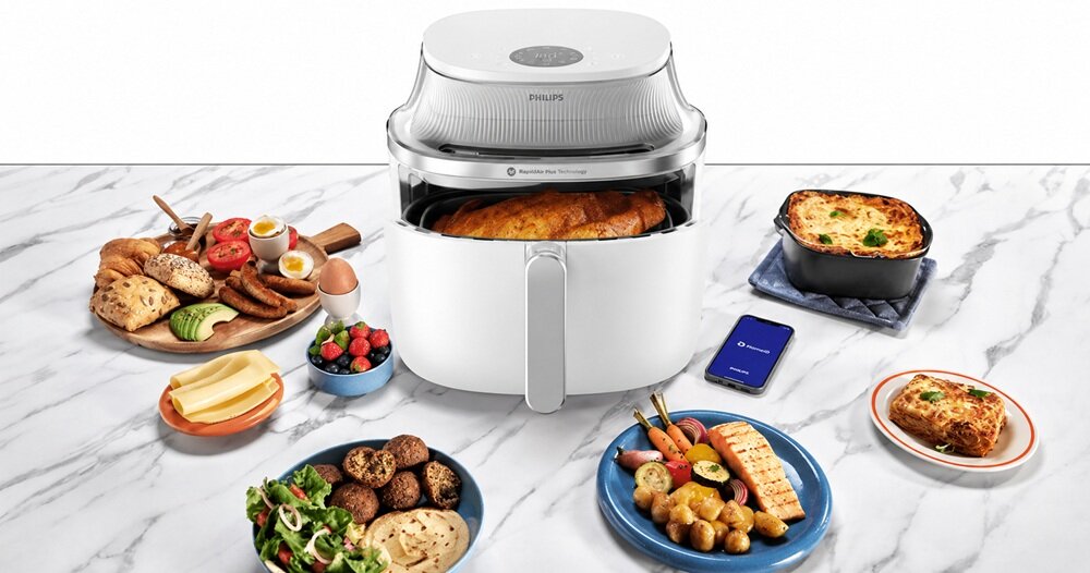 Air Fryer Frytkownica beztłuszczowa PHILIPS Ovi NA341-10 7.2l z okienkiem podglądu urządzenie na blacie w otoczeniu potraw, mniej czasu w kuchni, wsparcie