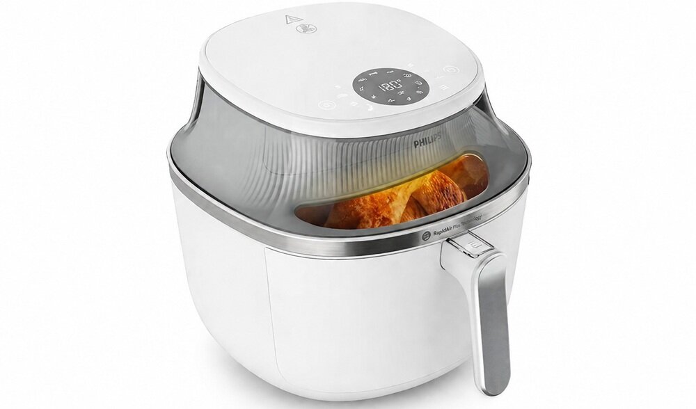 Air Fryer Frytkownica beztłuszczowa PHILIPS Ovi NA341-10 7.2l z okienkiem podglądu urządzenie bokiem na białym tle, szeroki zakres temperatur, suszenie, podgrzewanie, pieczenie, grillowanie