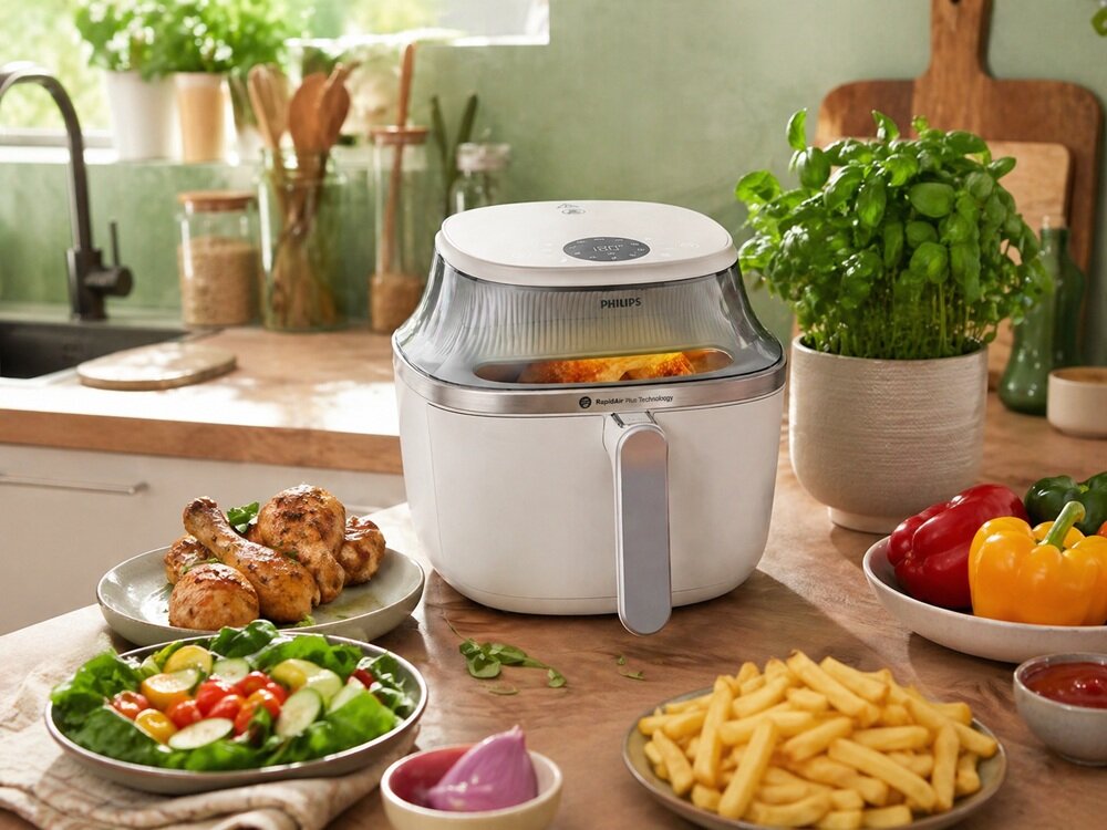 Air Fryer Frytkownica beztłuszczowa PHILIPS Ovi NA341-10 7.2l z okienkiem podglądu urządzenie na blacie kuchennym w otoczeniu różnych potraw, zakres pracy, ustawienie urządzenia według własnych preferencji