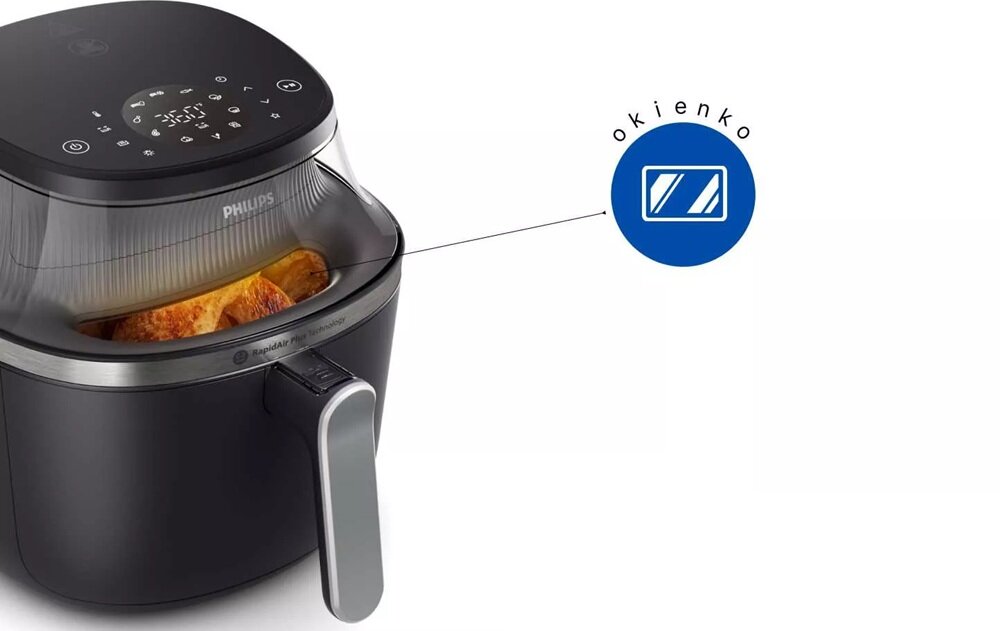 Air Fryer Frytkownica beztłuszczowa PHILIPS Ovi NA341-10 7.2l z okienkiem podglądu urządzenie bokiem na białym tle, wbudowane okienko podglądu, bez utraty temperatury