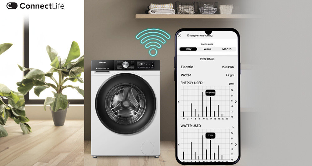 Na obrazie widoczna jest pralka z panelem sterowania oraz smartfon z aplikacją pokazującą zużycie energii i wody. W tle znajdują się rośliny i półka z ręcznikami, a w lewym górnym rogu widnieje logo \'ConnectLife\'.